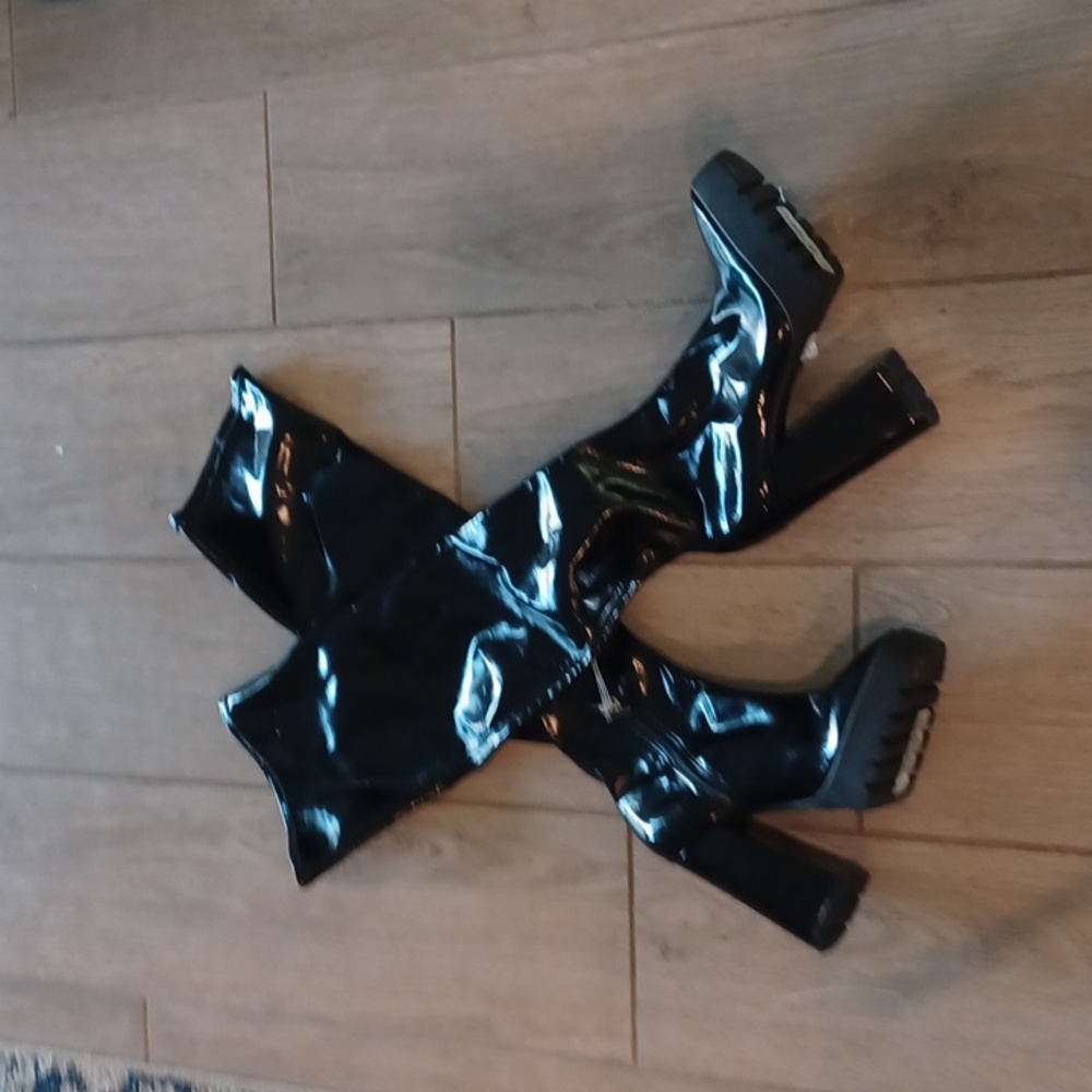 New Schutz Black Darlyn Patent Leather OTK Platform Boots 9.5 Cosplay Black - Picture 3 of 16